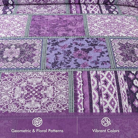 King Quilt Set/Soft Reversible Bed Cover, 2 Pillow Shams/ Floragrid Purple / NEW - Picture 6 of 6